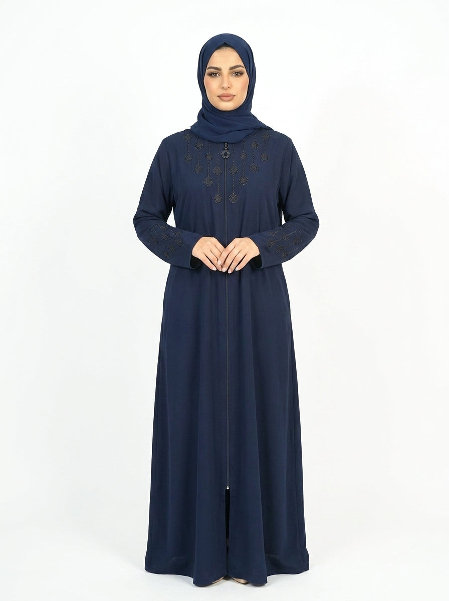Maritime Blue Full-Length Abaya with Intricate Brown Embroidery
