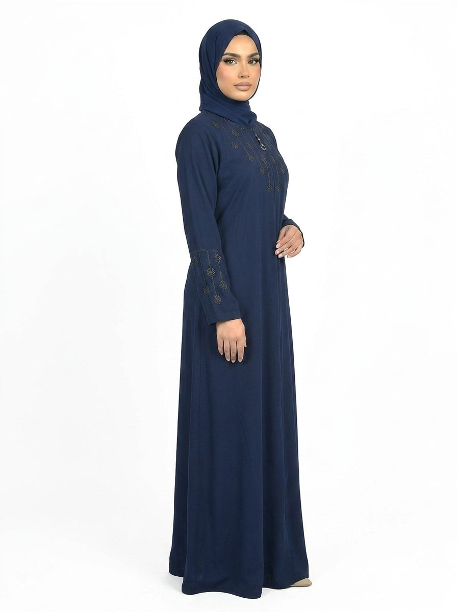 Maritime Blue Full-Length Abaya with Intricate Brown Embroidery