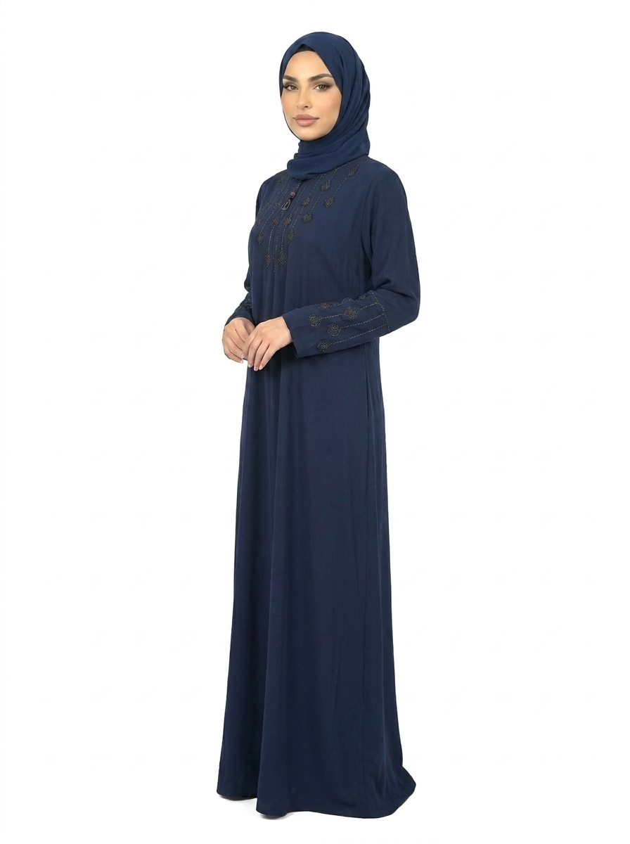 Maritime Blue Full-Length Abaya with Intricate Brown Embroidery