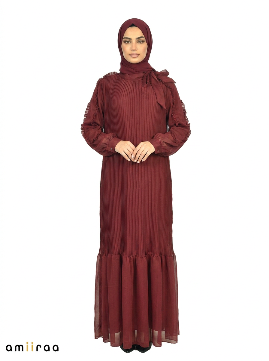 Zinfandel Pleated Modest Maxi Dress with Ruffle Detailing