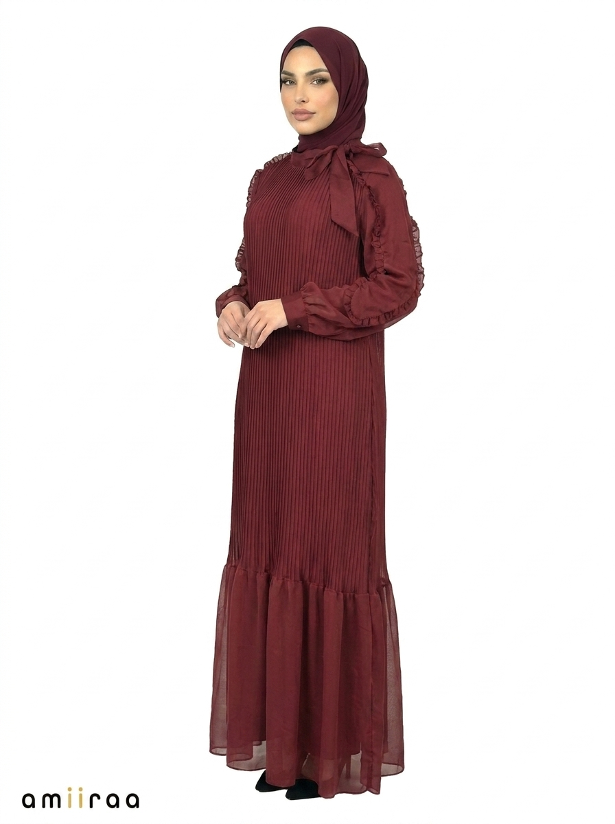 Zinfandel Pleated Modest Maxi Dress with Ruffle Detailing