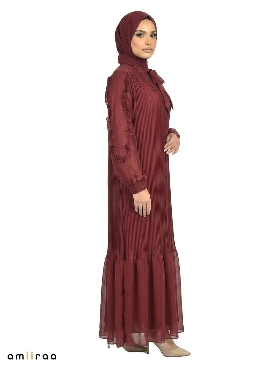 Zinfandel Pleated Modest Maxi Dress with Ruffle Detailing