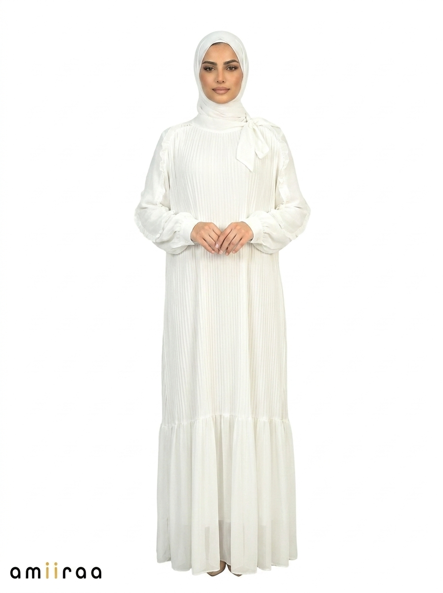 Blanc De Blanc Pleated Modest Maxi Dress with Ruffle Detailing
