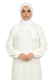 Blanc De Blanc Pleated Modest Maxi Dress with Ruffle Detailing