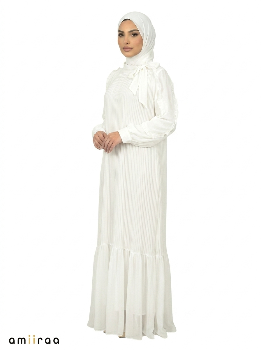 Blanc De Blanc Pleated Modest Maxi Dress with Ruffle Detailing