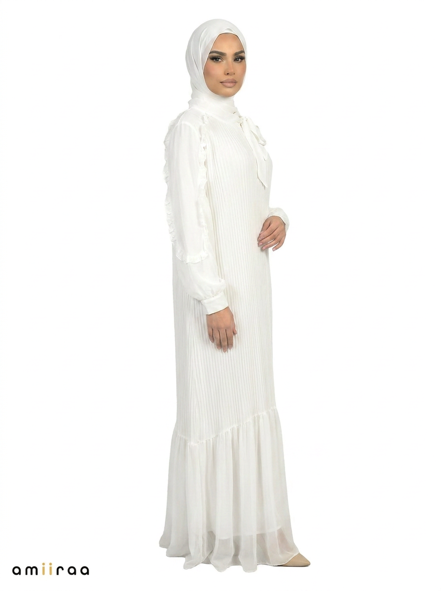 Blanc De Blanc Pleated Modest Maxi Dress with Ruffle Detailing