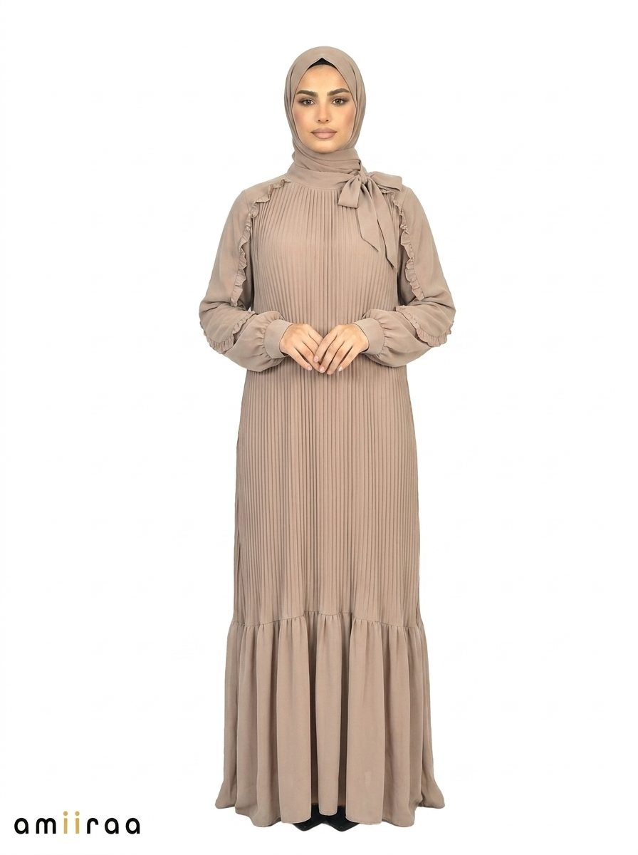 Cinder Pleated Modest Maxi Dress with Ruffle Detailing