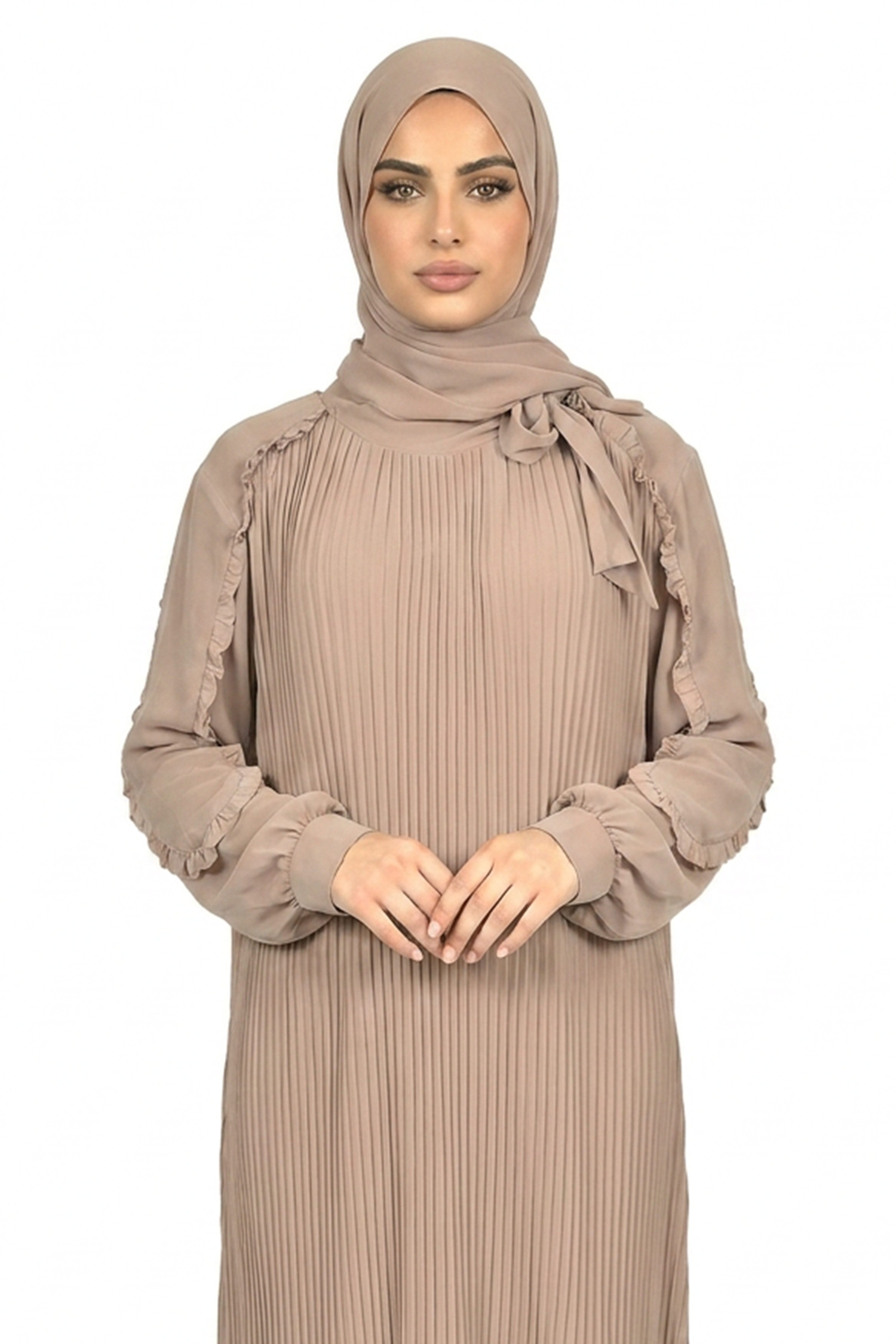 Cinder Pleated Modest Maxi Dress with Ruffle Detailing