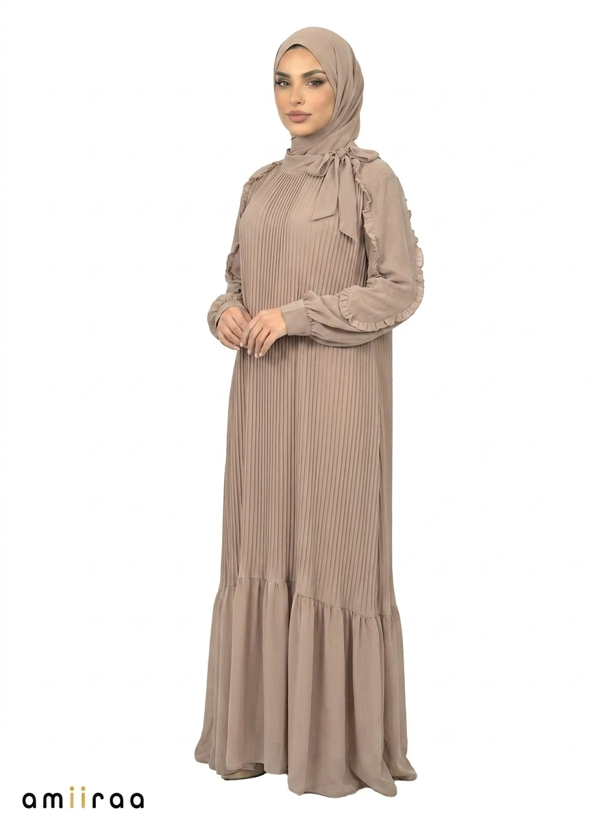 Cinder Pleated Modest Maxi Dress with Ruffle Detailing