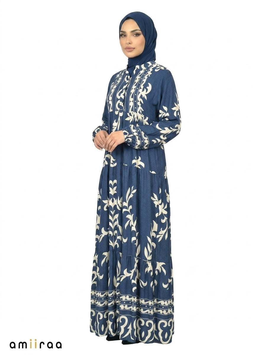 Moroccan Blue & Cream Ethnic Pattern Printed Maxi Dress