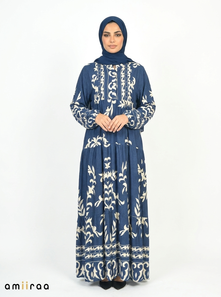 Moroccan Blue & Cream Ethnic Pattern Printed Maxi Dress
