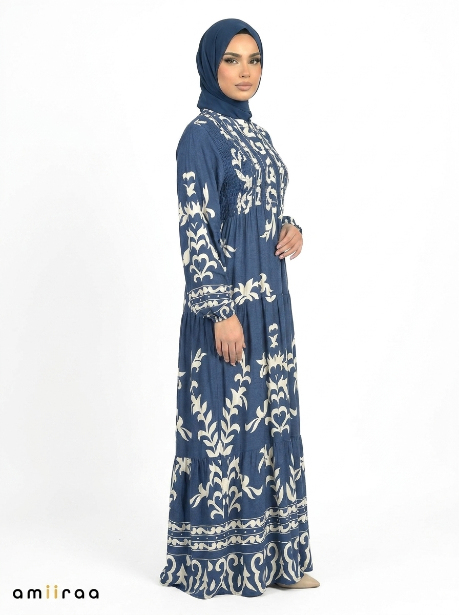 Moroccan Blue & Cream Ethnic Pattern Printed Maxi Dress