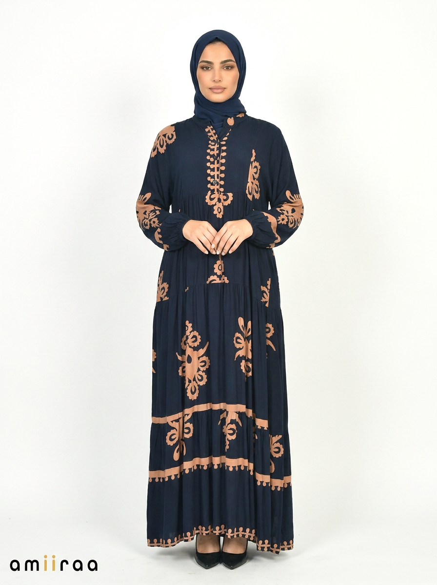 Navy Blazer & Brown Ethnic Pattern Printed Maxi Dress