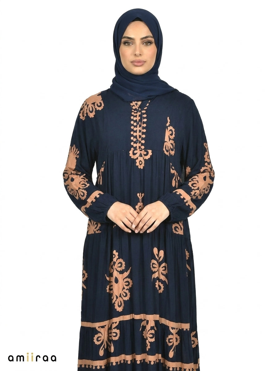 Navy Blazer & Brown Ethnic Pattern Printed Maxi Dress