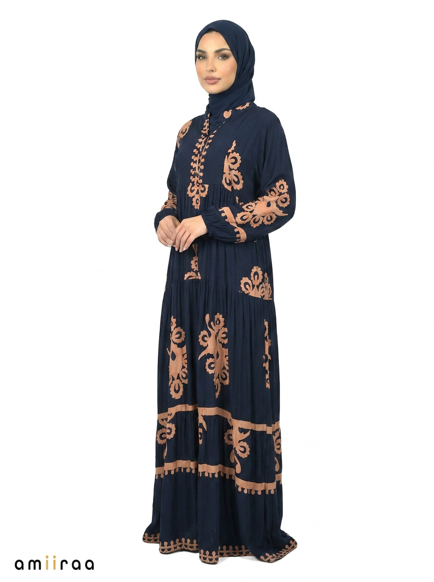 Navy Blazer & Brown Ethnic Pattern Printed Maxi Dress