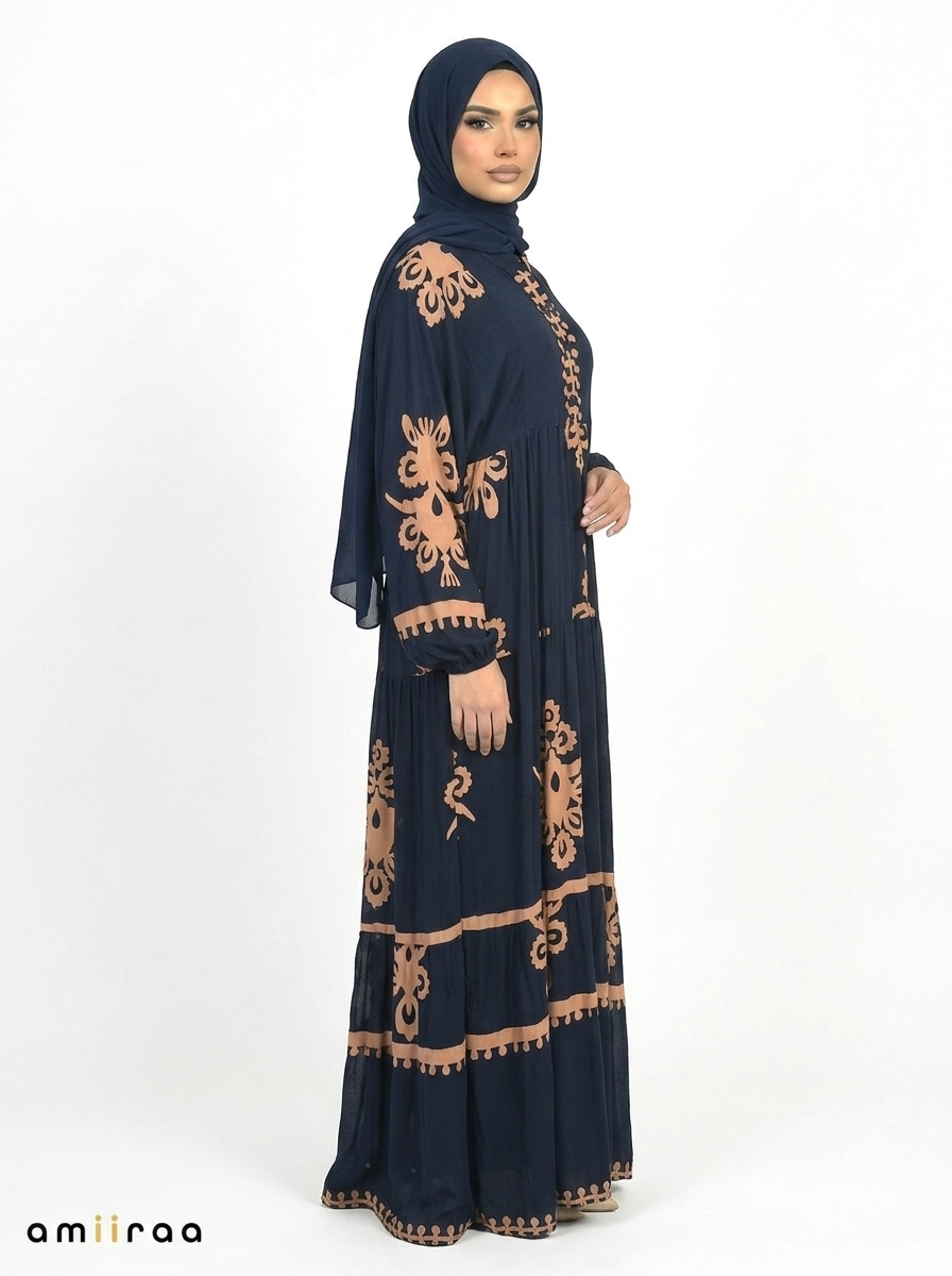 Navy Blazer & Brown Ethnic Pattern Printed Maxi Dress