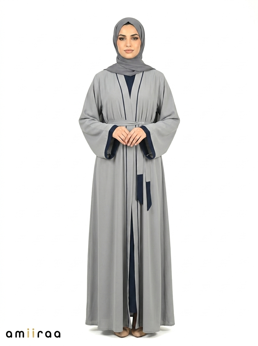 Stormy Weather Contrast Trim Belted Two-Piece Open Front Maxi Abaya