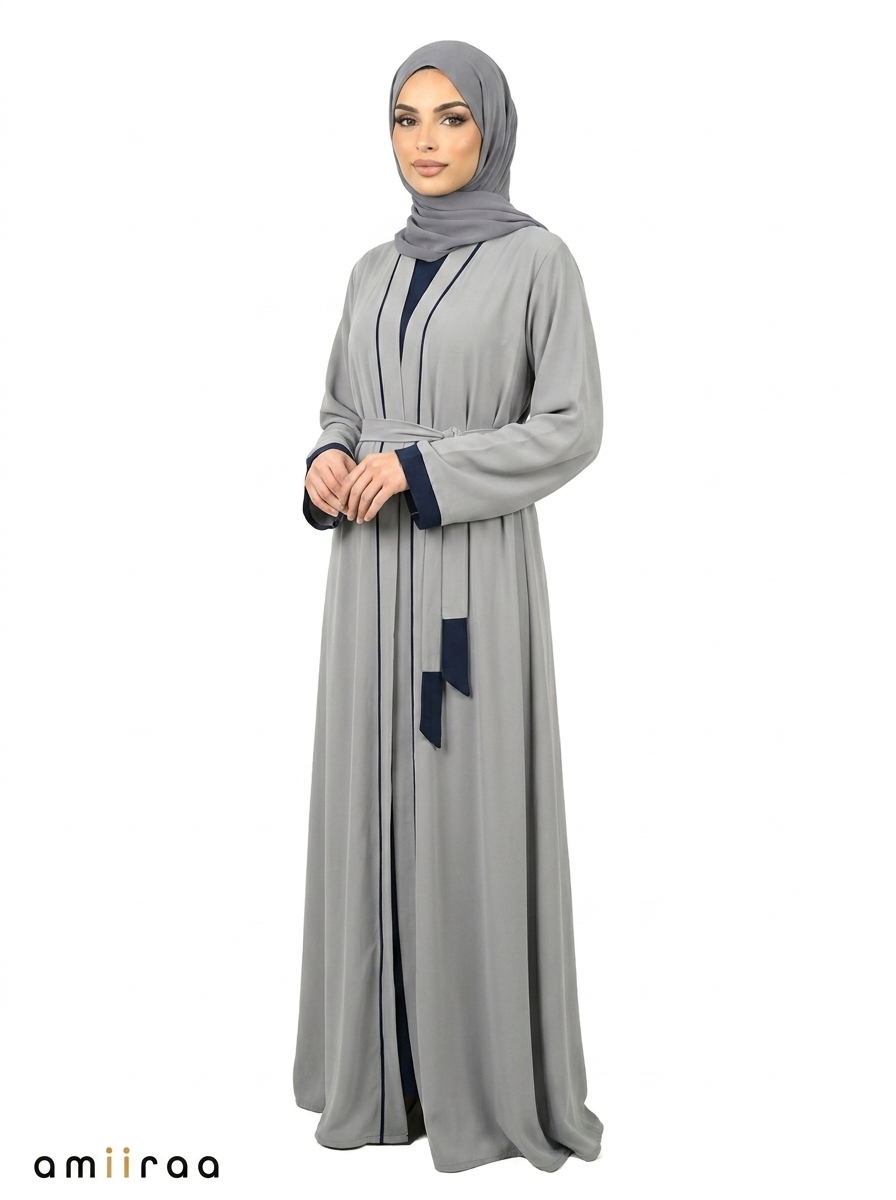 Stormy Weather Contrast Trim Belted Two-Piece Open Front Maxi Abaya