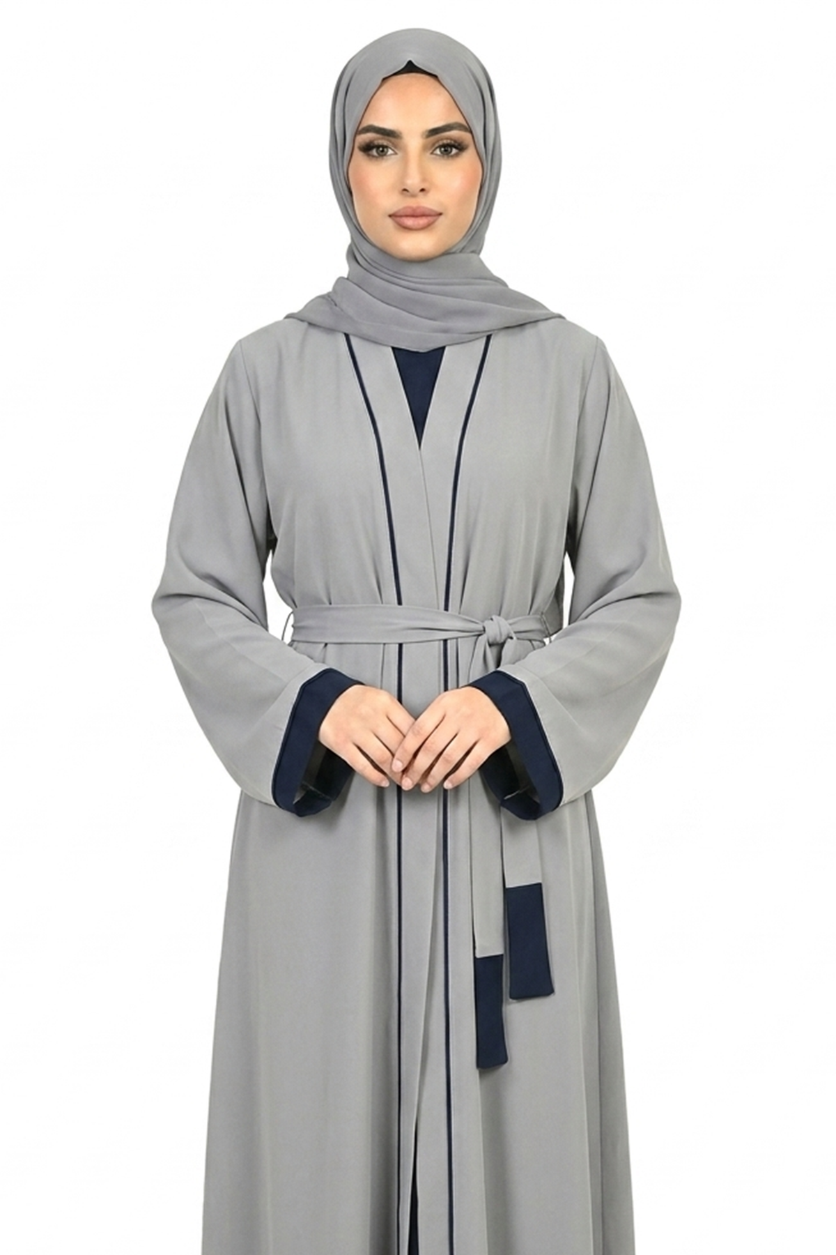 Stormy Weather Contrast Trim Belted Two-Piece Open Front Maxi Abaya