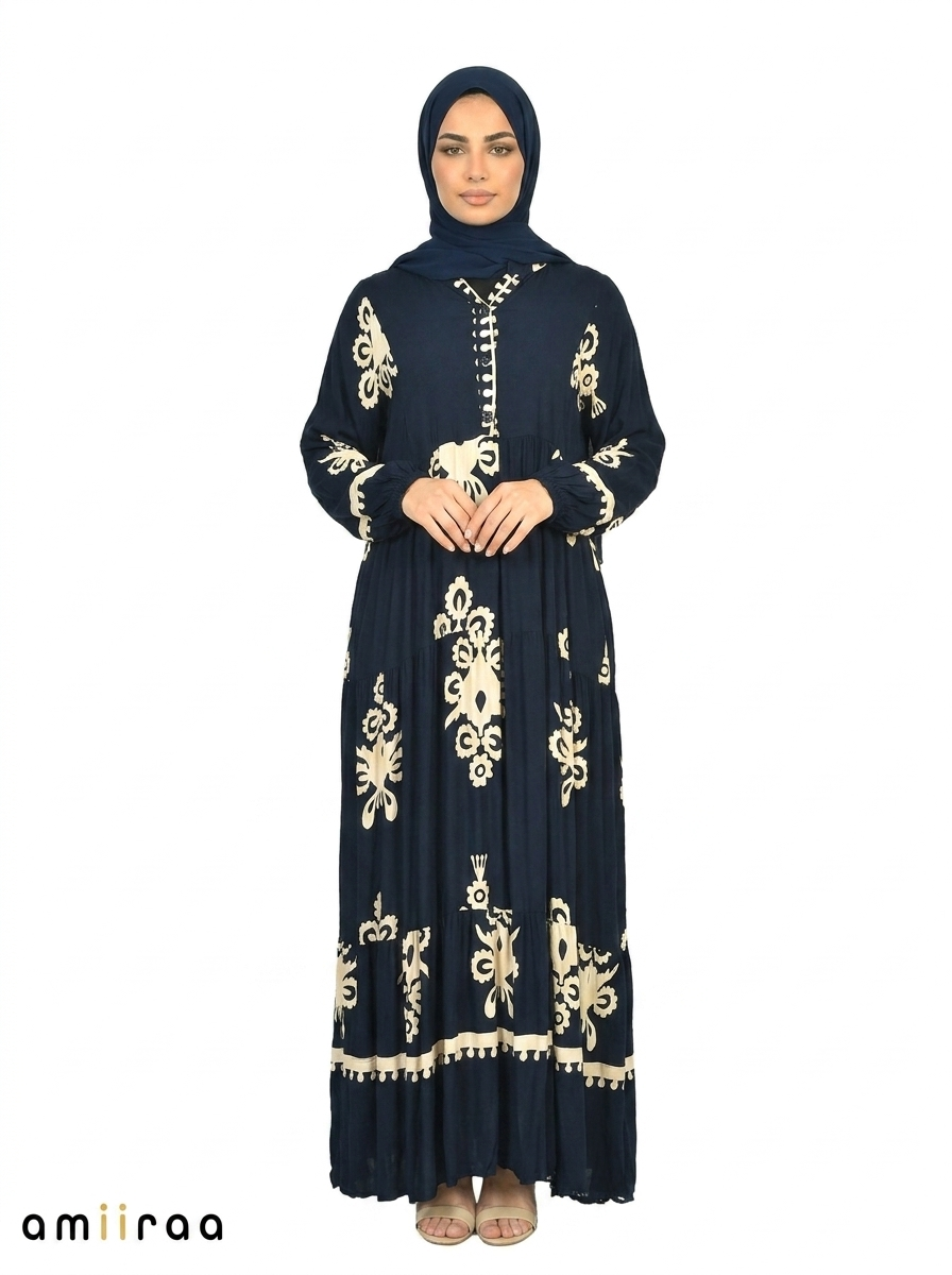 Pageant Blue & Cream Ethnic Pattern Printed Maxi Dress