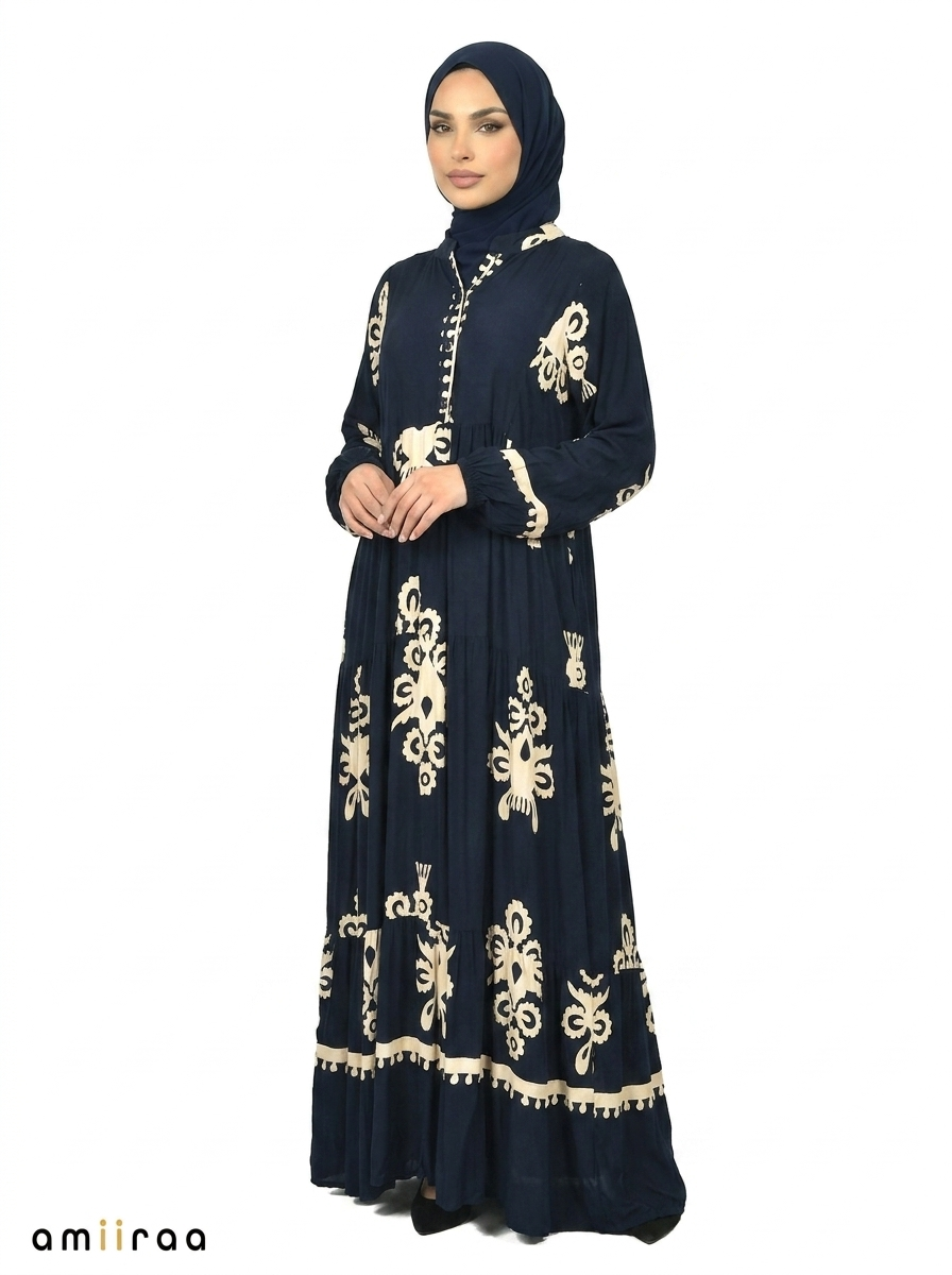 Pageant Blue & Cream Ethnic Pattern Printed Maxi Dress