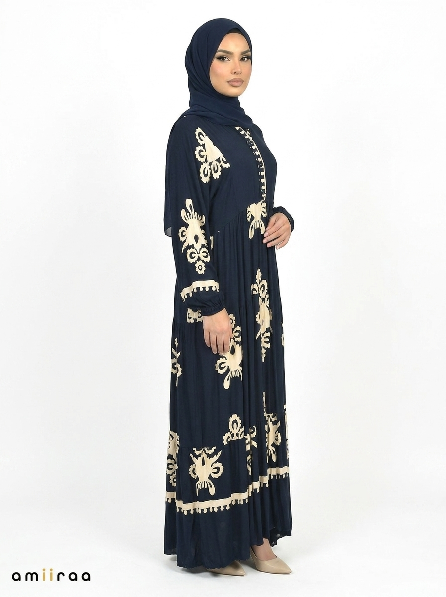 Pageant Blue & Cream Ethnic Pattern Printed Maxi Dress