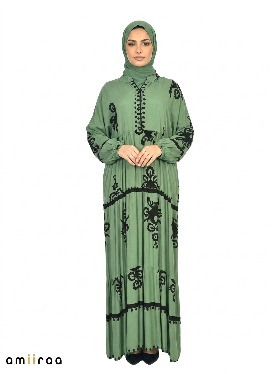 Frosty Spruce & Black Ethnic Pattern Printed Maxi Dress