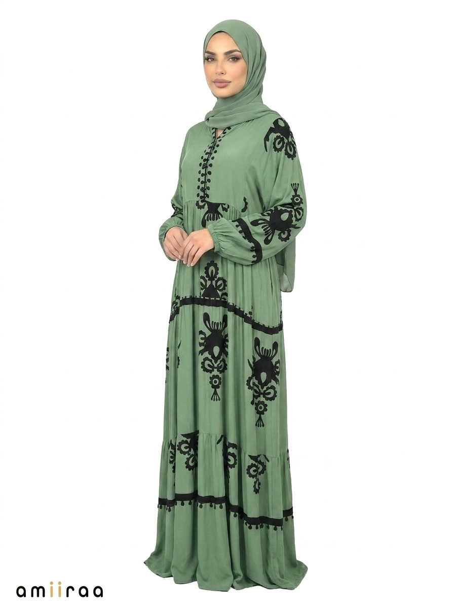 Frosty Spruce & Black Ethnic Pattern Printed Maxi Dress
