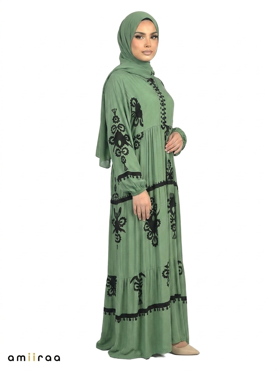 Frosty Spruce & Black Ethnic Pattern Printed Maxi Dress