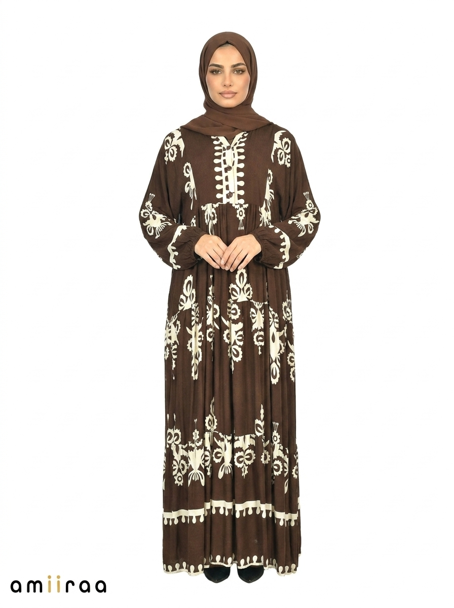 Coffee Bean & Cream Ethnic Pattern Printed Maxi Dress