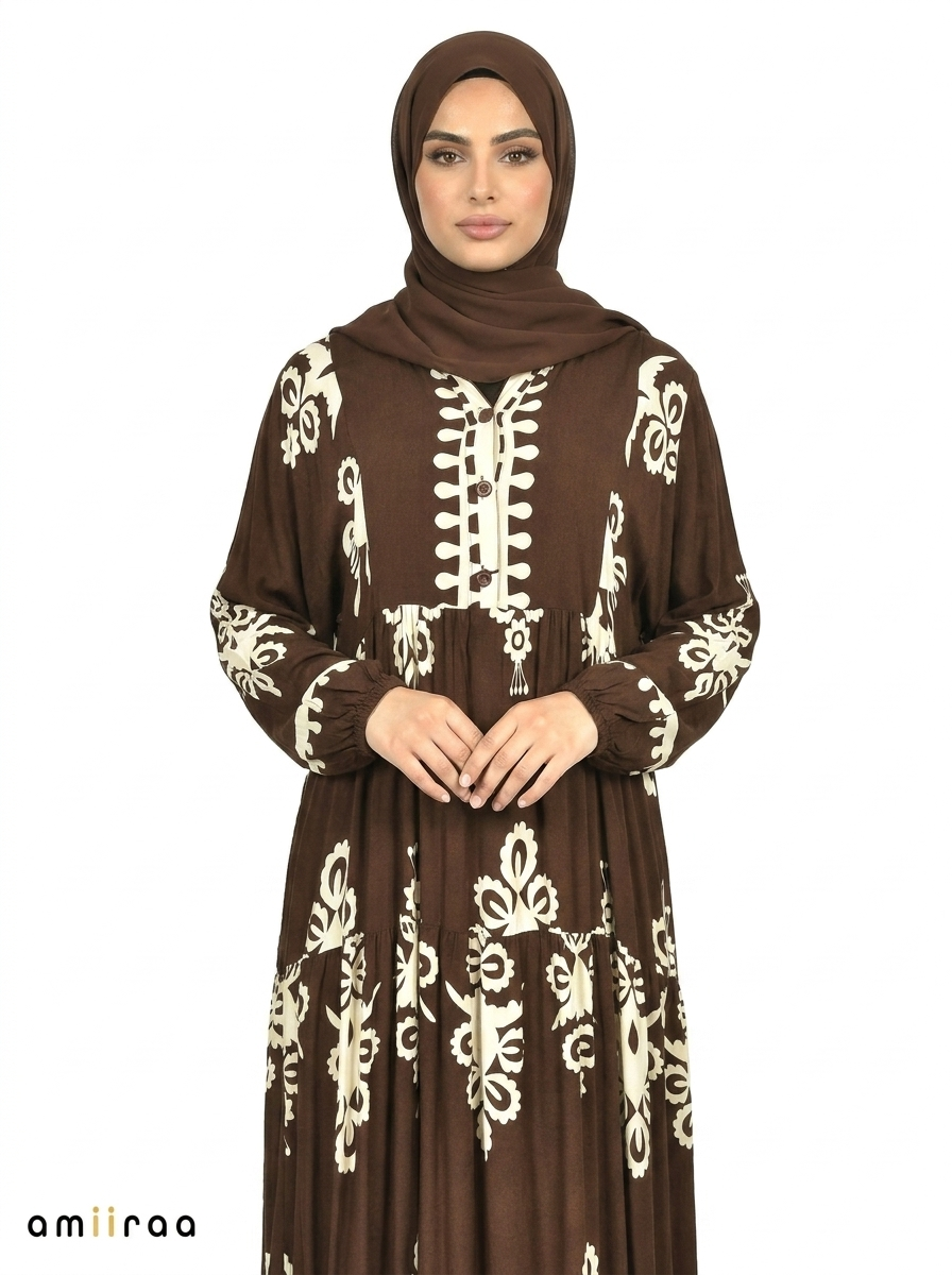 Coffee Bean & Cream Ethnic Pattern Printed Maxi Dress
