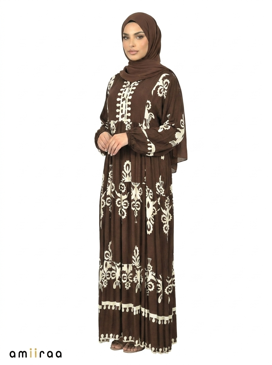 Coffee Bean & Cream Ethnic Pattern Printed Maxi Dress