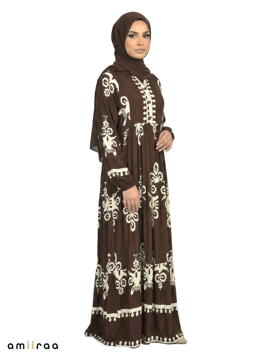 Coffee Bean & Cream Ethnic Pattern Printed Maxi Dress
