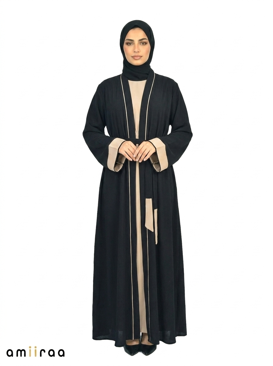 Dark Sapphire Contrast Trim Belted Two-Piece Open Front Maxi Abaya