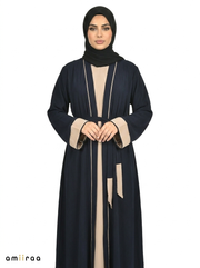 Dark Sapphire Contrast Trim Belted Two-Piece Open Front Maxi Abaya