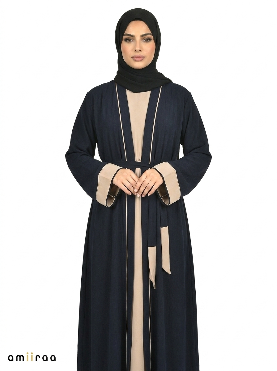 Dark Sapphire Contrast Trim Belted Two-Piece Open Front Maxi Abaya