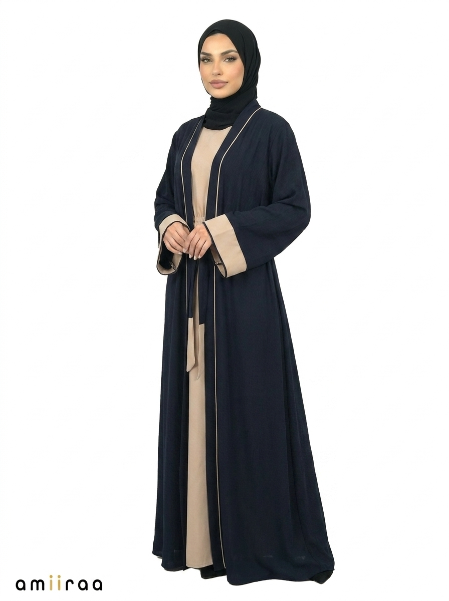 Dark Sapphire Contrast Trim Belted Two-Piece Open Front Maxi Abaya
