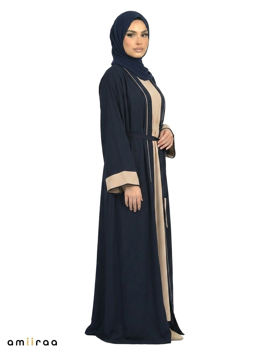 Dark Sapphire Contrast Trim Belted Two-Piece Open Front Maxi Abaya