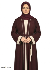 Zinfandel Contrast Trim Belted Two-Piece Open Front Maxi Abaya