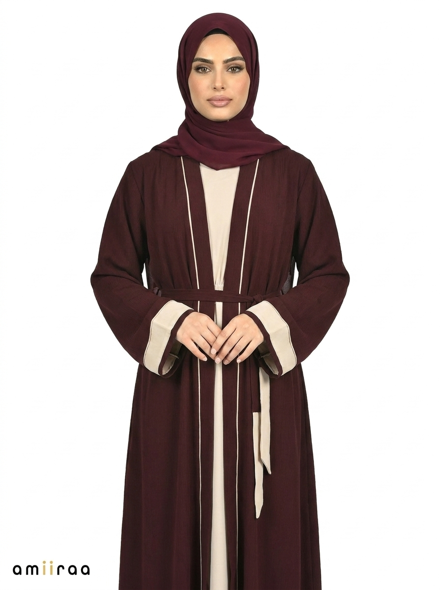 Zinfandel Contrast Trim Belted Two-Piece Open Front Maxi Abaya