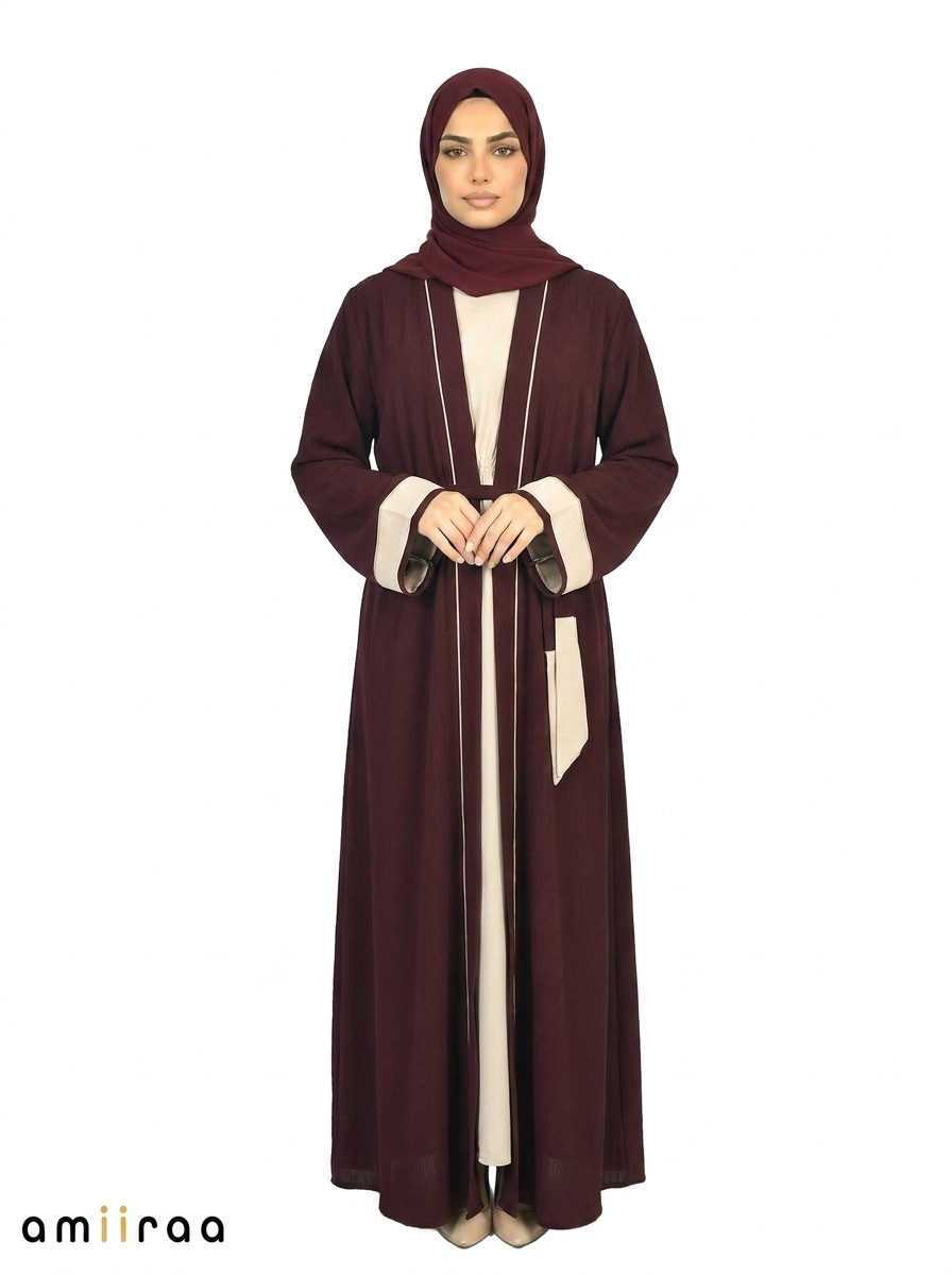 Zinfandel Contrast Trim Belted Two-Piece Open Front Maxi Abaya