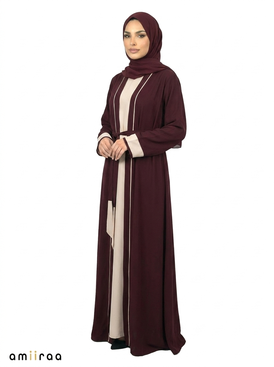 Zinfandel Contrast Trim Belted Two-Piece Open Front Maxi Abaya
