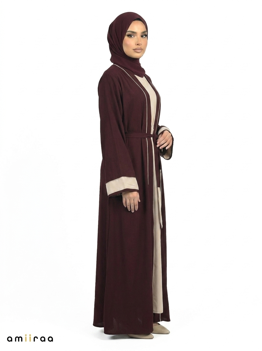 Zinfandel Contrast Trim Belted Two-Piece Open Front Maxi Abaya