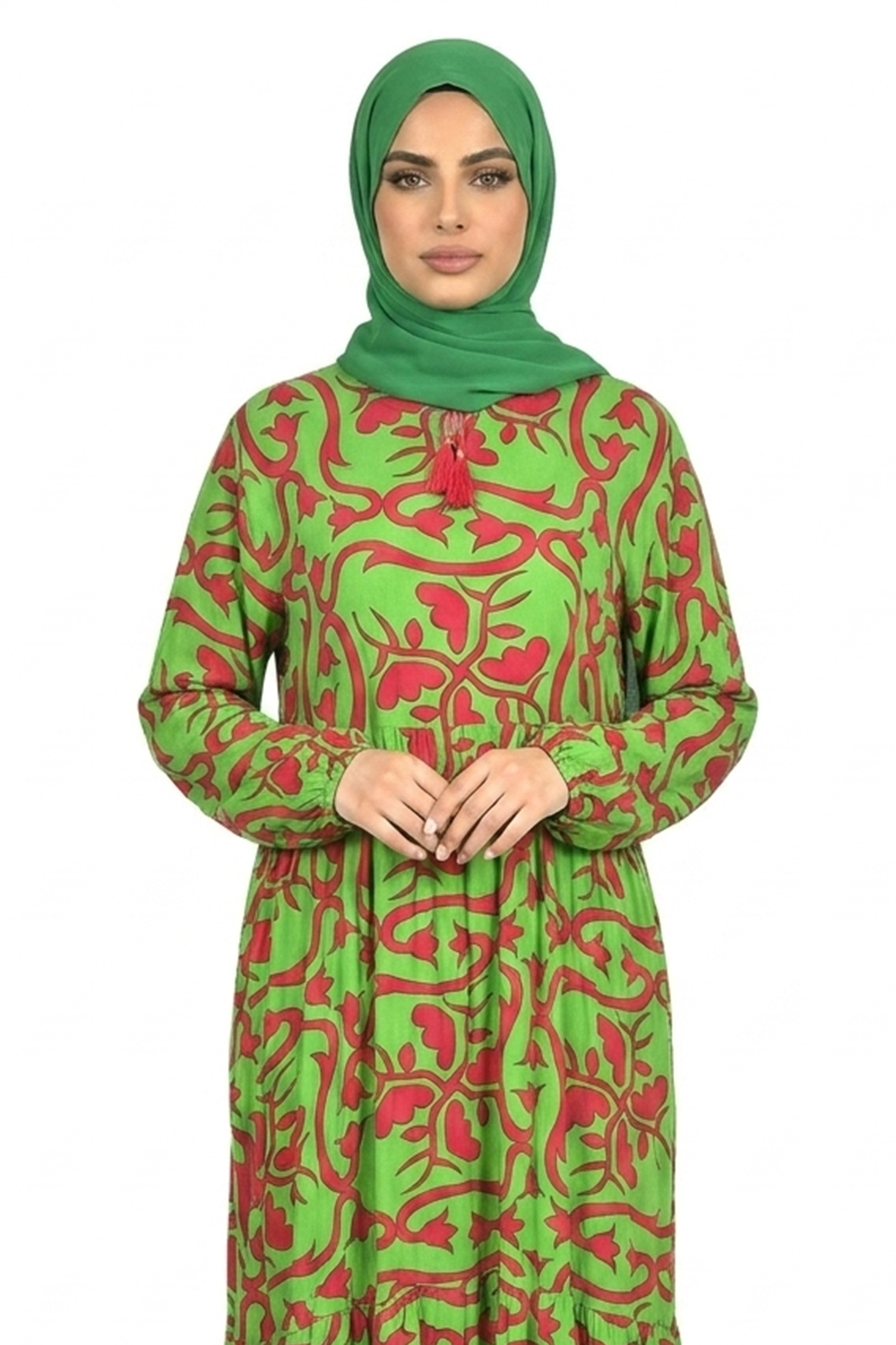 Classic Green Printed Tiered Modest Maxi Dress