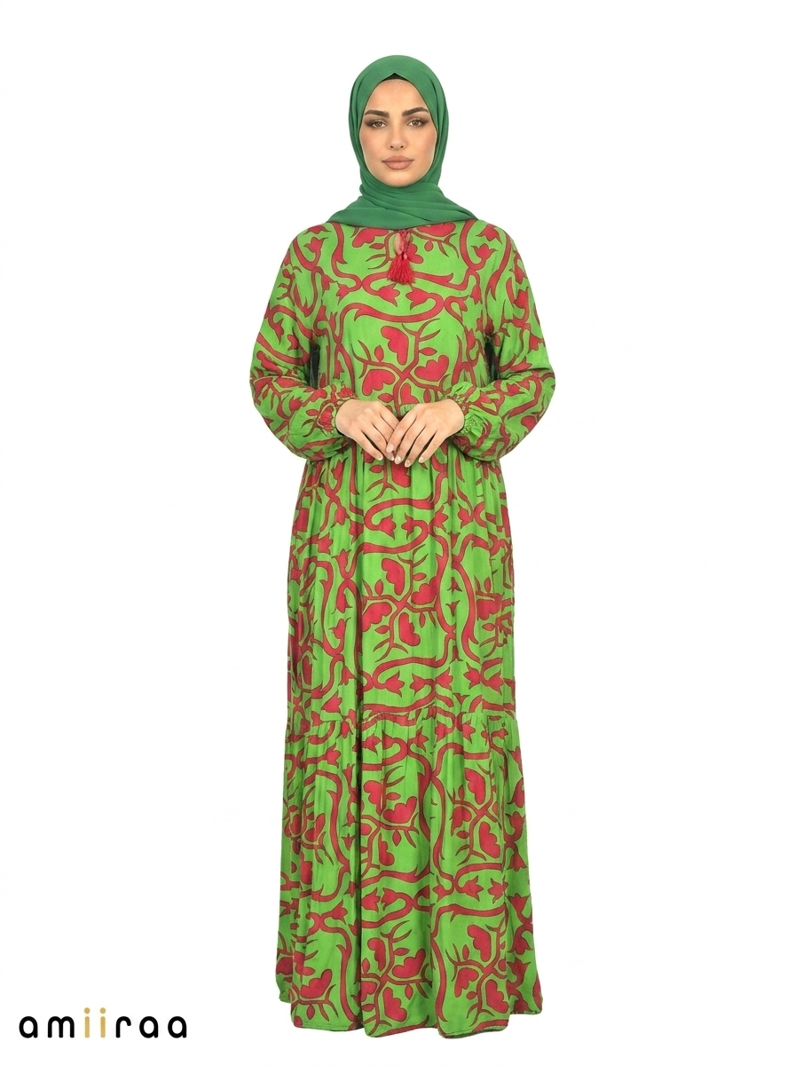 Classic Green Printed Tiered Modest Maxi Dress
