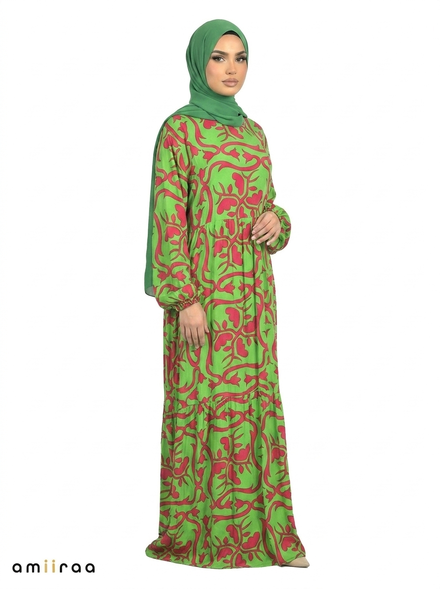 Classic Green Printed Tiered Modest Maxi Dress
