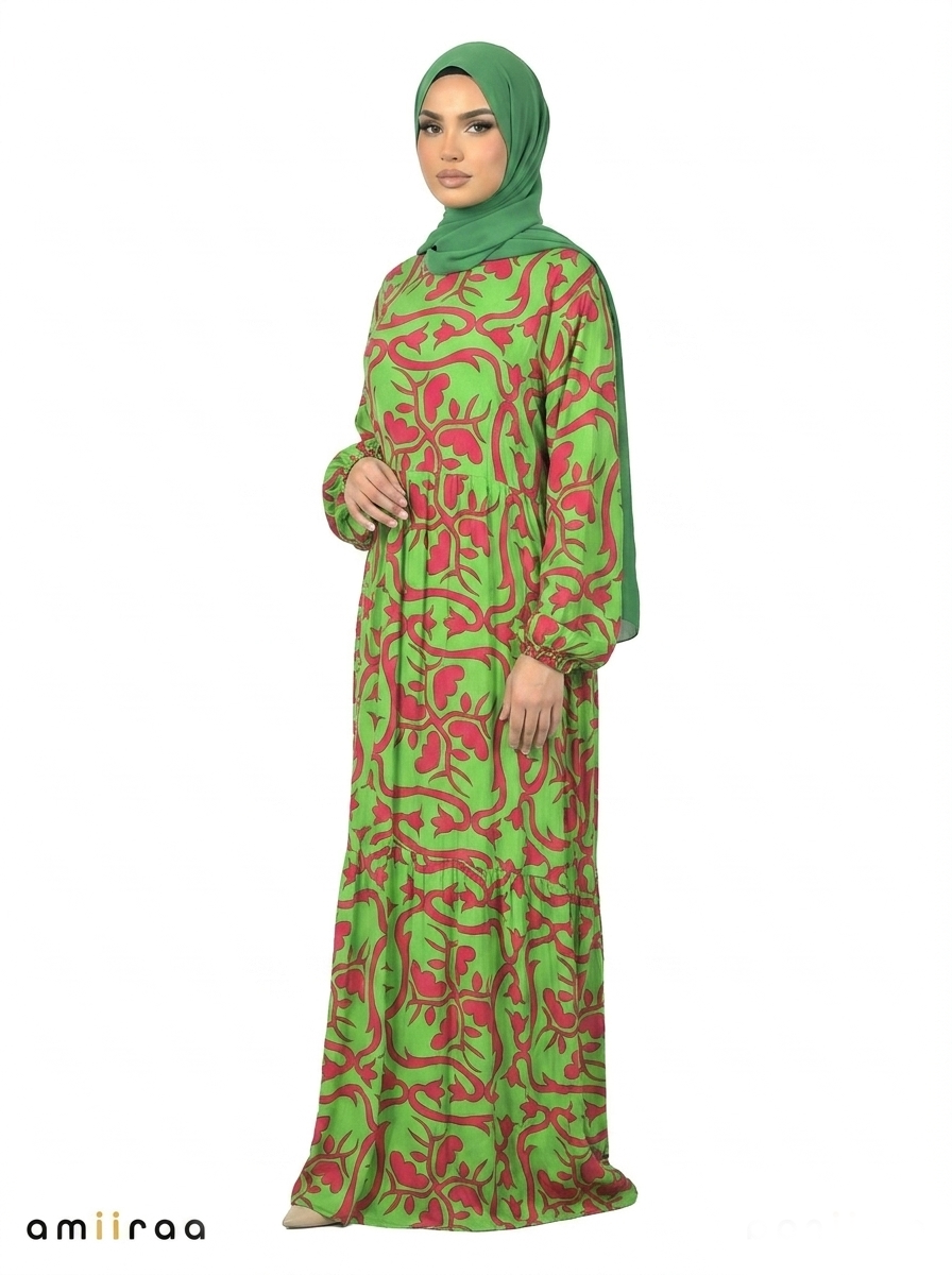 Classic Green Printed Tiered Modest Maxi Dress