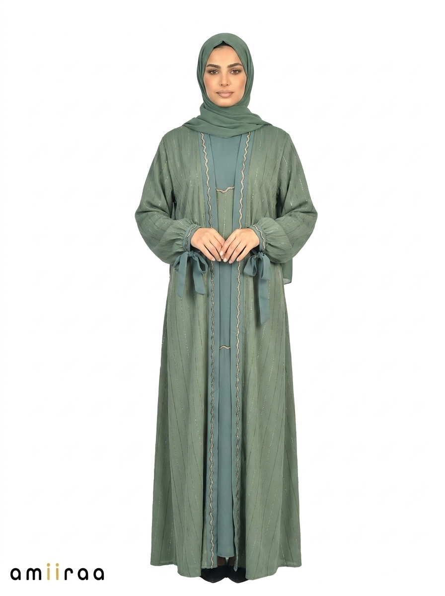 Pine Grove Pinstripe Belted Open Front Maxi Abaya