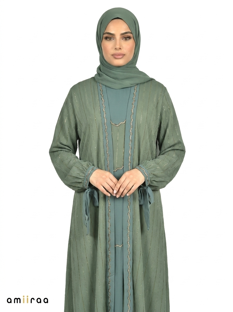 Pine Grove Pinstripe Belted Open Front Maxi Abaya