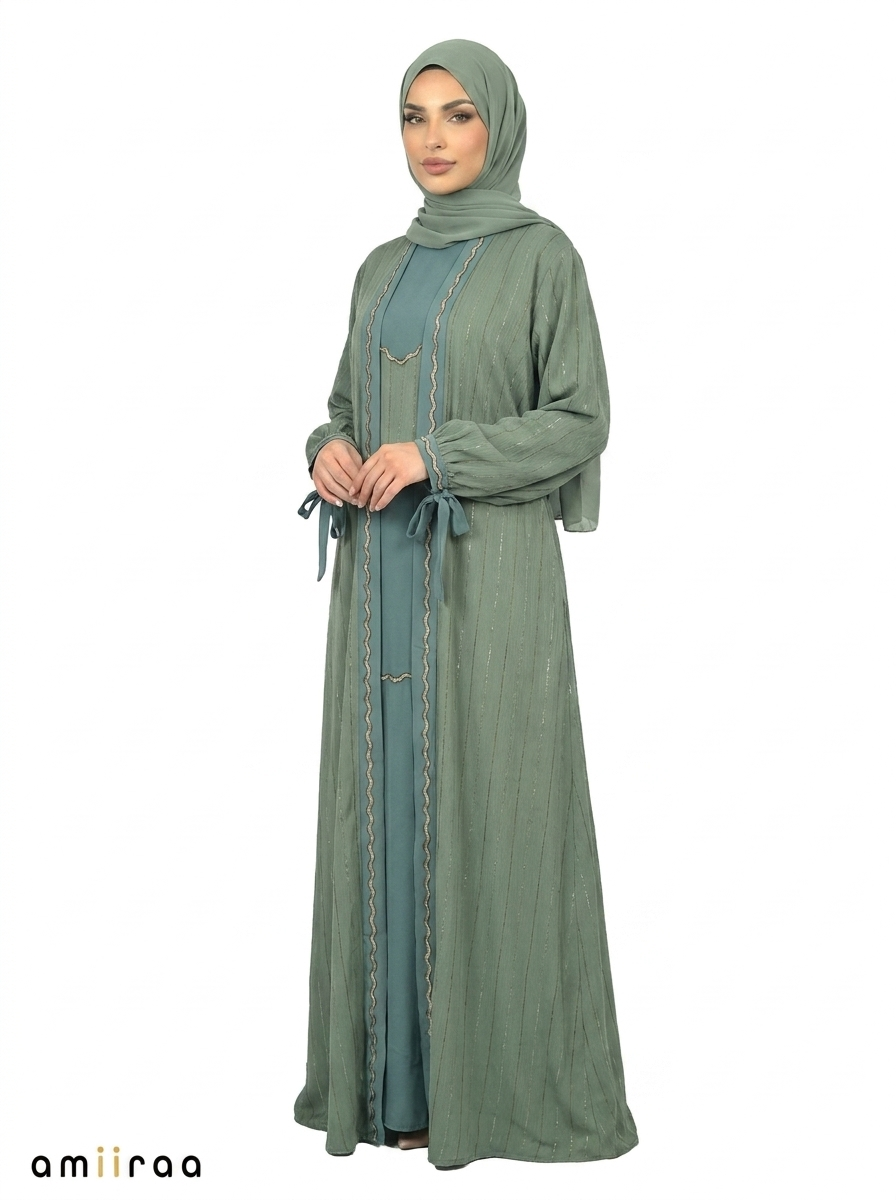 Pine Grove Pinstripe Belted Open Front Maxi Abaya